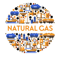 Natural gas isolated icon or banner, station and mining equipment