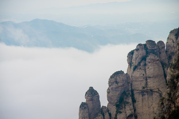 BARCELONA, SPAIN - December 26, 2018: The mountains of Montserrat in Barcelona, Spain. Montserrat  is a Spanish shaped mountain which influenced Antoni Gaudi to make his art works.