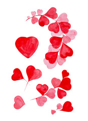 Watercolor illustration of a set of hearts and a flower of hearts for Valentine's day. Isolated on a white background