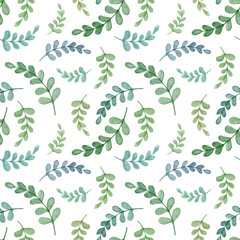Cute watercolor seamless floral pattern; blue and green leaves on white background