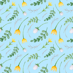 Cute watercolor seamless floral pattern; yellow wild flowers and green leaves on blue background