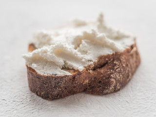 Whole grain bread bruschetta with white soft curd cream cheese on a white background. Close-up