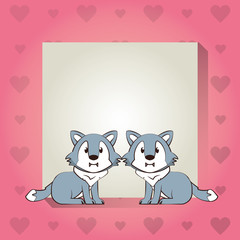 happy valentines day card with cute wolfs couple