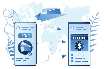 Fast and safe mobile money transfer. Modern smartphones with wallet applications. Global transactions concept.