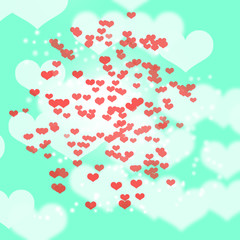 red  blurry heart shape on  green aqua background , valentine, wedding , love concept