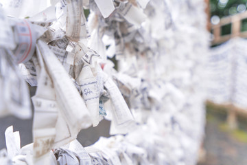 Japanese random fortune telling paper (Omikuji) folded and tied on rope wires (Omikuji kake) in traditional temple, concept of bringing blessing.