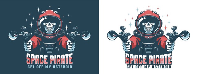Astronaut with laser gun. Space pirate skull with blaster. Logo for fantastic fiction. Vector illustration.