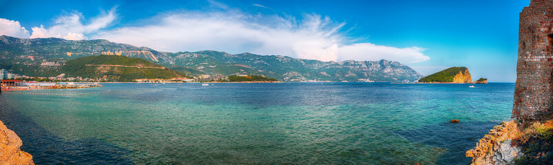 Panoramic summer view of Adriatic sea coast and Budva city