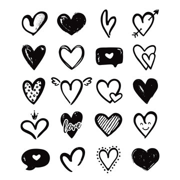 Heart hand drawn shapes isolated on white. Vector set.