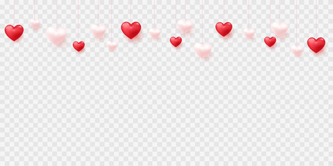 Hanging ping and red hearts on transparent background for Valentine's Day. Vector