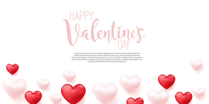 Happy Valentine's Day card with flying pink and red hearts. Vector