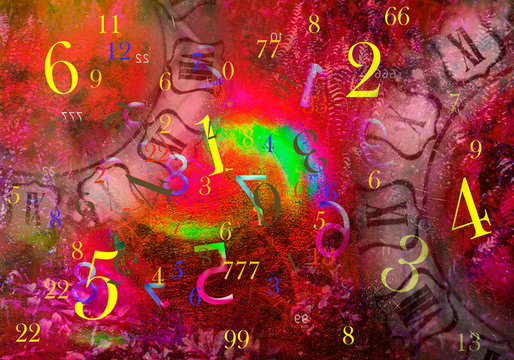Rainbow background with a clock and numbers, numerology