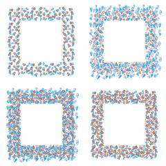 set of frames of blue and brown hearts on a white background with copy space