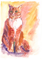 watercolor sitting ginger cat with green eyes