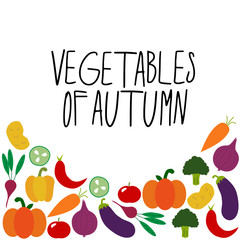 Hand drawn healthy foods background as doodle of autumn vegetables and lettering, vector illustration