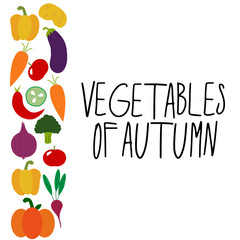 Hand drawn healthy foods background as doodle of autumn vegetables and lettering, vector illustration