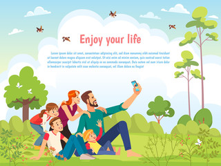 Happy family in the park taking selfie on a sunny day. Poster, card family day. Concept of friendly family and Parenthood child-rearing taking selfie walking with kids in nature. Vector cartoon
