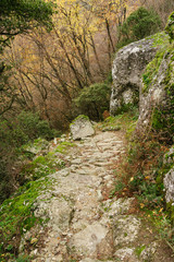 Meteora, Greece - Dec 19, 2019: Hiking path at Meteora,Greece