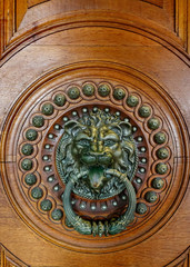 Door with a bronze knocker in the shape of a lion’s head
