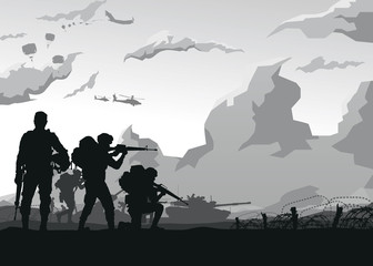 Naklejka na ściany i meble Military vector illustration, Army background, soldiers silhouettes.