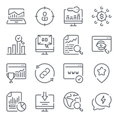 Search Engine Optimization related line icons. Business and marketing vector linear icon set.