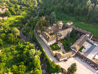 Aerial drone view of Troyan monastery the third biggest monastery in Bulgaria. The monastery of the Dormition of the Most Holy Mother of God.