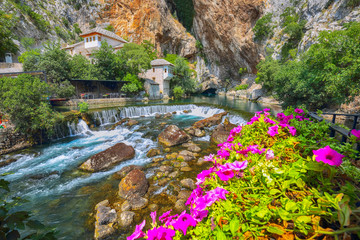 Fototapeta na wymiar Dervish monastery or tekke at the Buna River spring in the town of Blagaj