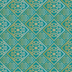 Islamic vector design. Seamless pattern oriental ornament. Green and golden textile print. Floral mandala tiles.