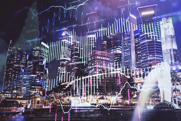 Financial chart on city scape with tall buildings background multi exposure. Analysis concept.