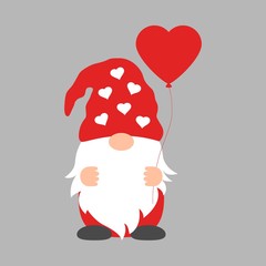 Cute Cartoon gnome with balloon heart on a gray background