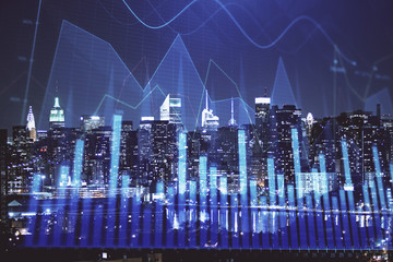 Double exposure of forex chart drawings over cityscape background. Concept of success.