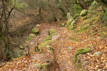 Meteora, Greece - Dec 19, 2019: Hiking path at Meteora,Greece