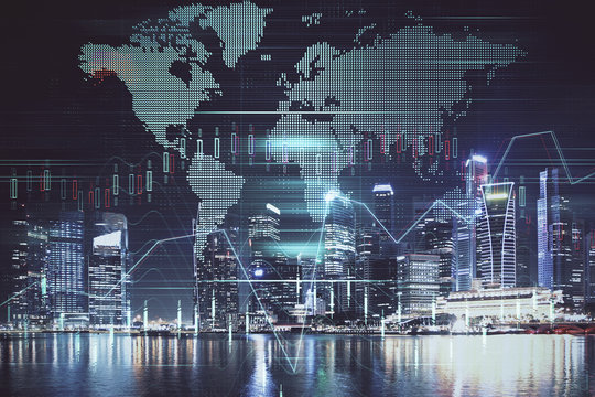 Financial chart on city scape with tall buildings background multi exposure. Analysis concept.