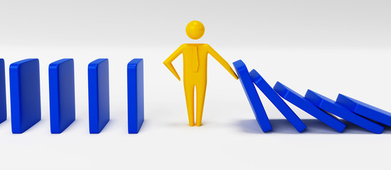 Man figure stopping the domino effect. Executive and risk control concept. 3D rendering