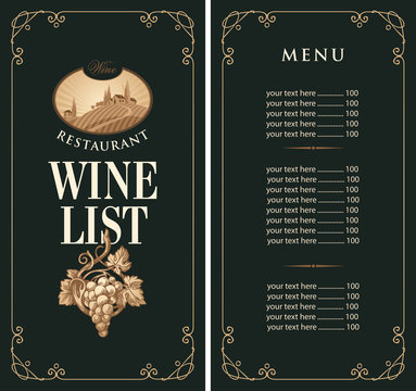 Vector Wine list with a price list in retro style on the black background. Wine menu for restaurant or cafe with hand-drawn bunch of grapes and the landscape of European village in frame with curls