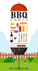 Bbq party poster invitation with grill and food. Barbecue grill elements set. Meat restaurant at home. Charcoal kettle with tool, sauce and foods. Kitchen equipment for menu. Cooking outdoors vector - obrazy, fototapety, plakaty