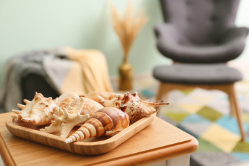 Fototapeta na wymiar Beautiful sea shells on table in room