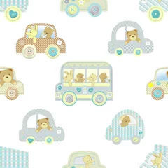 Wallpaper murals Animals in transport cartoon animals, Bunny, bear, dog. Seamless pattern, of cars, bus and cartoon animals. Pattern, on an isolated background, for children's textiles and digital paper.