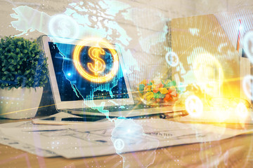 Fototapeta na wymiar Forex market graph hologram and personal computer on background. Multi exposure. Concept of investment.