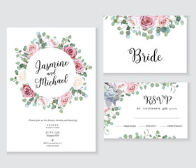 Floral wedding vector frames. Hand painted pale pink roses, eucalyptus branches