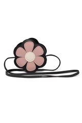 Subject shot of a black textured leather purse made in the form of a flower with pink and white applique. The stylish crossbody bag is isolated on the white background.