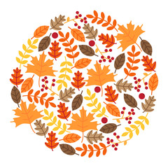 Hand drawn autumn leaves and berries background in doodle style and traditional colors