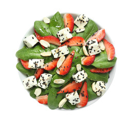 Bowl with tasty salad on white background