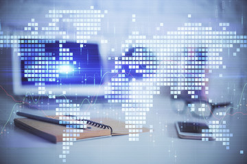 Multi exposure of business theme icons and work space with computer background. Concept of success.