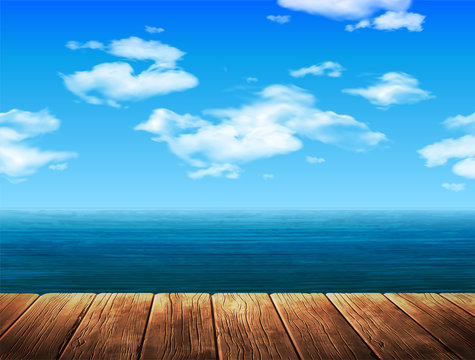 Summer Landscape Sea Beach and wooden pier. 3D vector. High detailed realistic illustration.