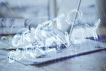 Double exposure of blockchain theme hologram and table with computer background. Concept of bitcoin crypto currency.