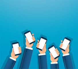 many hands holding smartphone vector illustration EPS10
