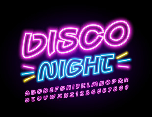 Vector Neon logo Disco Night. Glowing Uppercase Font. Creative Alphabet Letters and Numbers