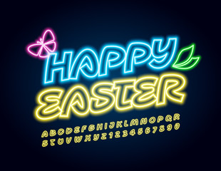 Vector colorful Sign Happy Easter. Glowing Uppercase Font. Neon Alphabet Letters and Numbers