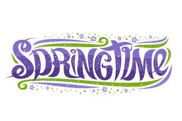 Vector greeting card for Spring season, curly calligraphic font with green decorative elements, horizontal template with swirly trendy lettering for words spring time on white background.